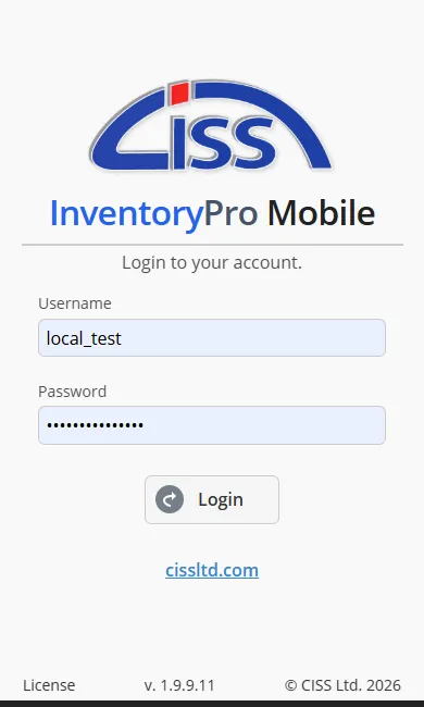 Mobile login screen with username, password, and warehouse selection