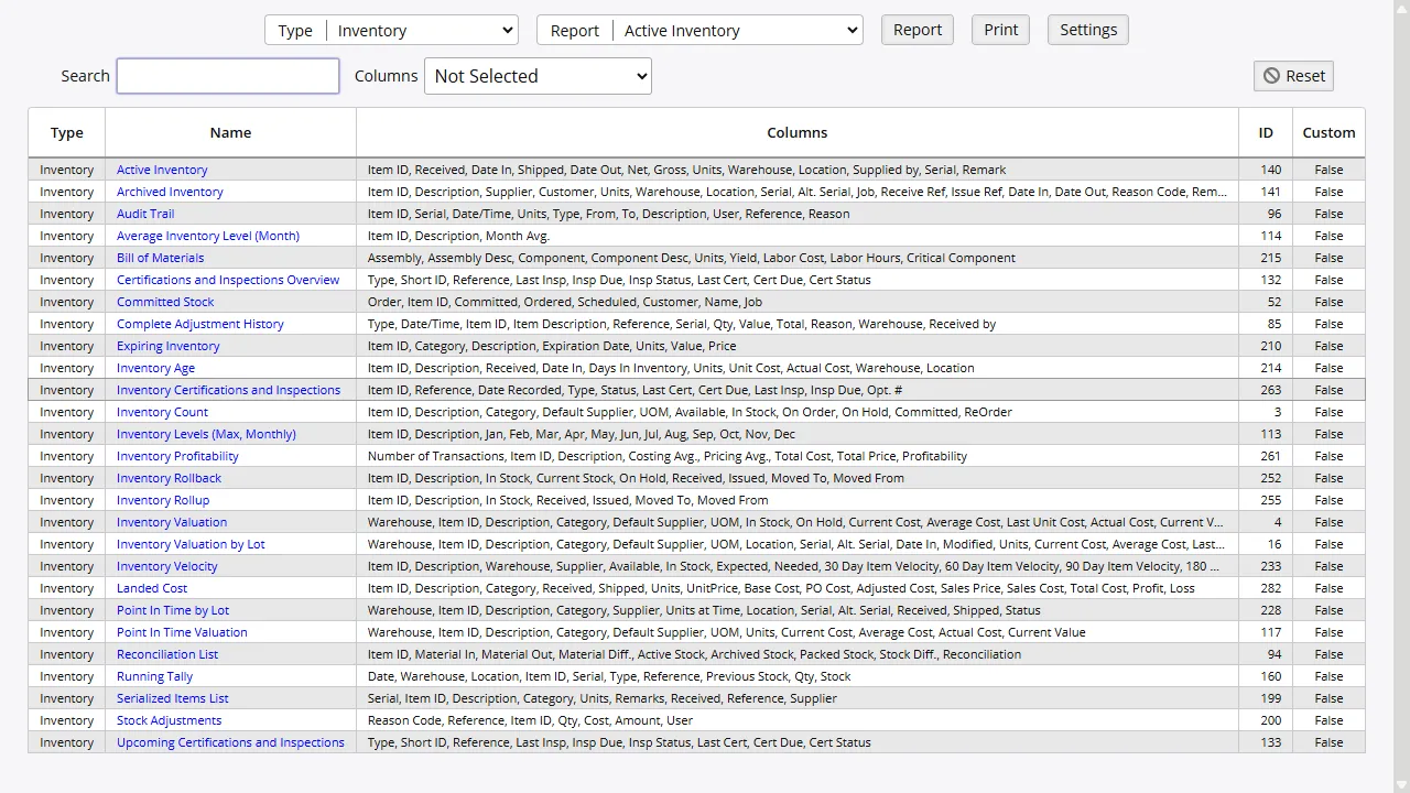 Report navigation library organized by category with search, sort, and filter controls