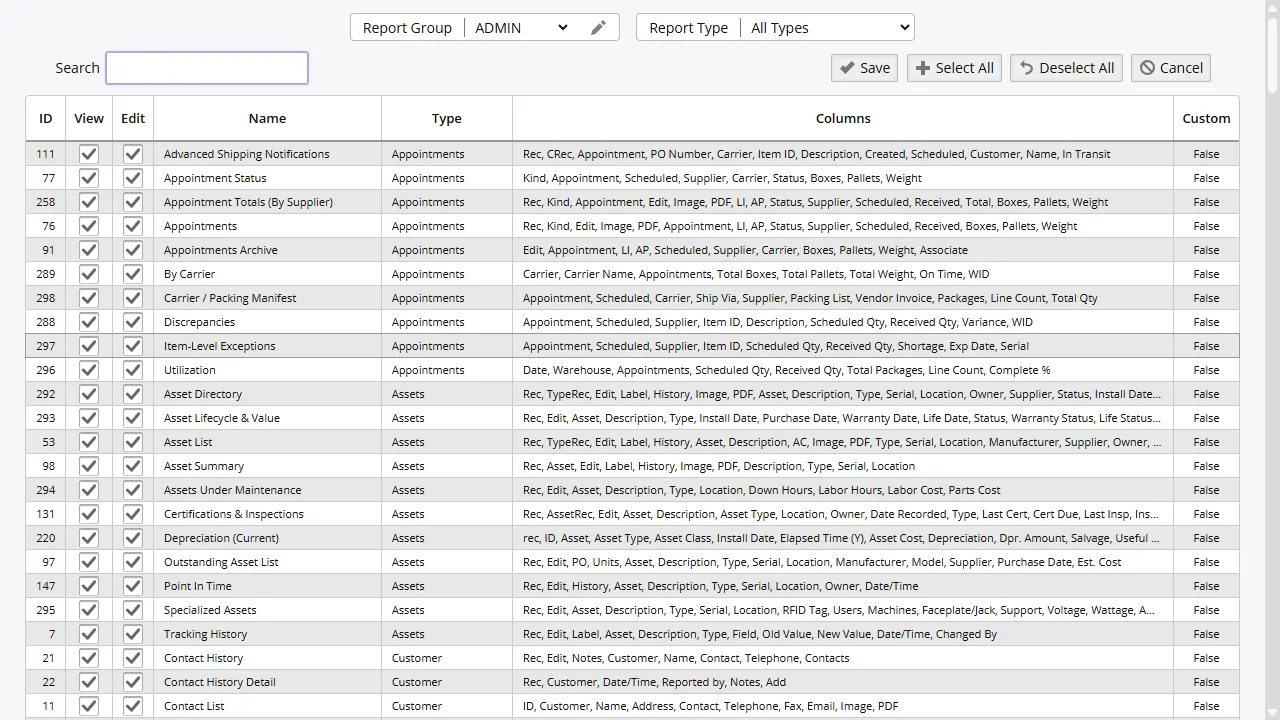Report permissions configuration with per-group access controls