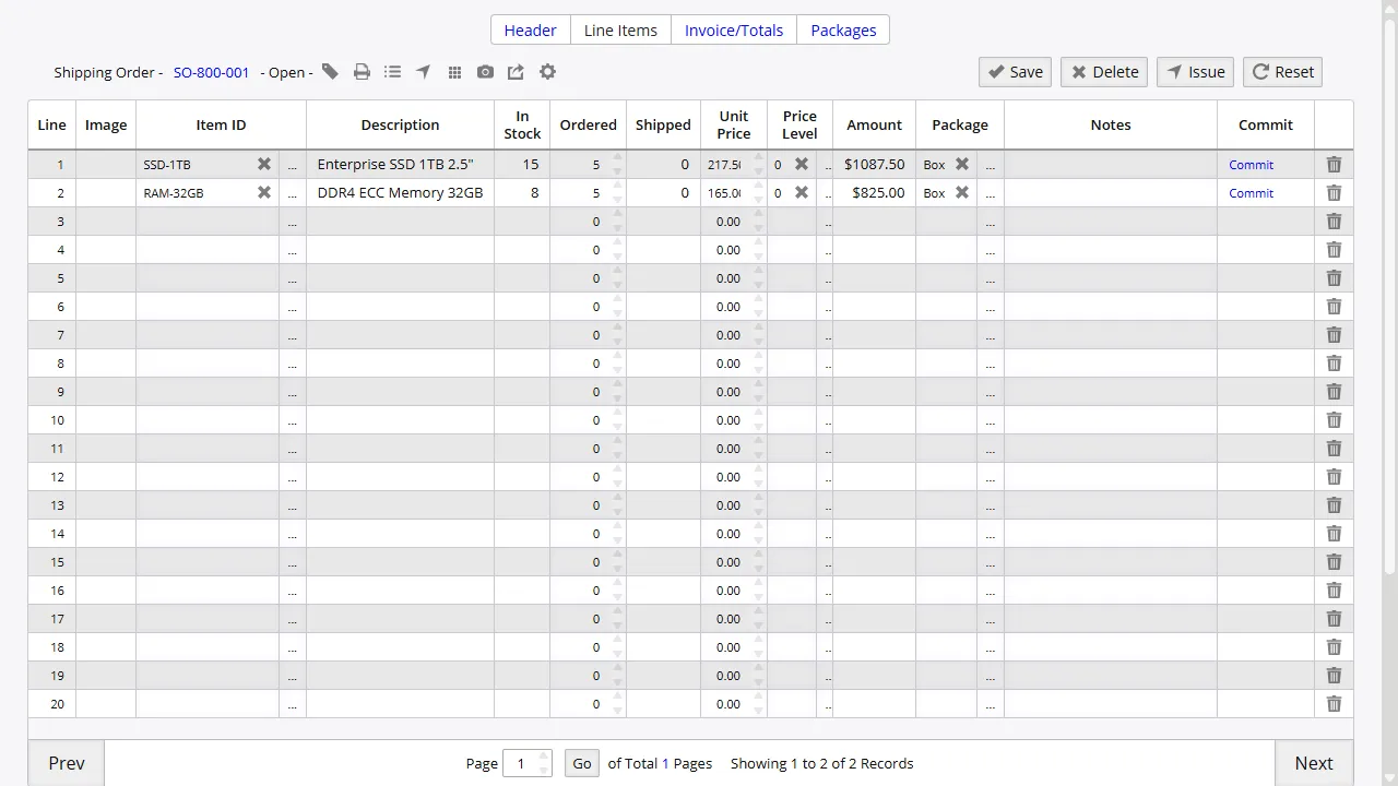 Shipping order pick list with line items, quantities, and fulfillment status ready for UPS export