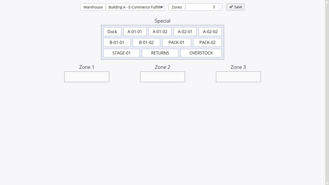 Warehouse floor plan with zones, aisles, and bin locations