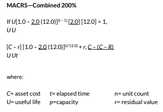 Depreciation formula reference continued with MACRS-Combined 200% method and variable definitions