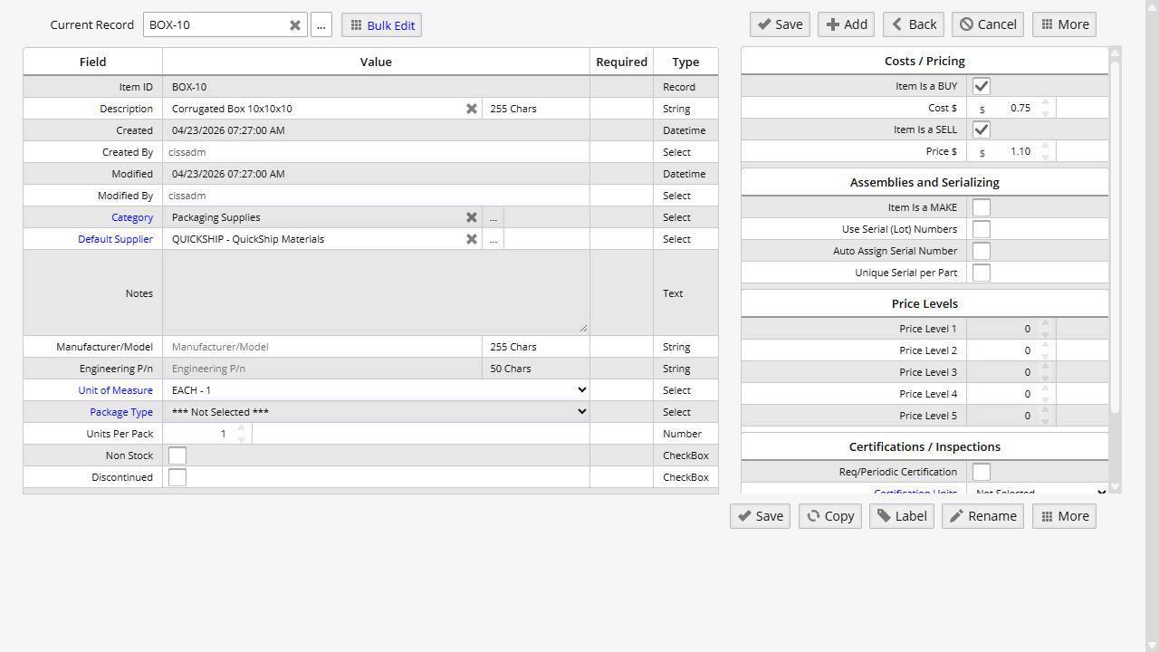 Edit screen for item BOX-10 showing field names, values, data types, cost and pricing sidebar, and action buttons