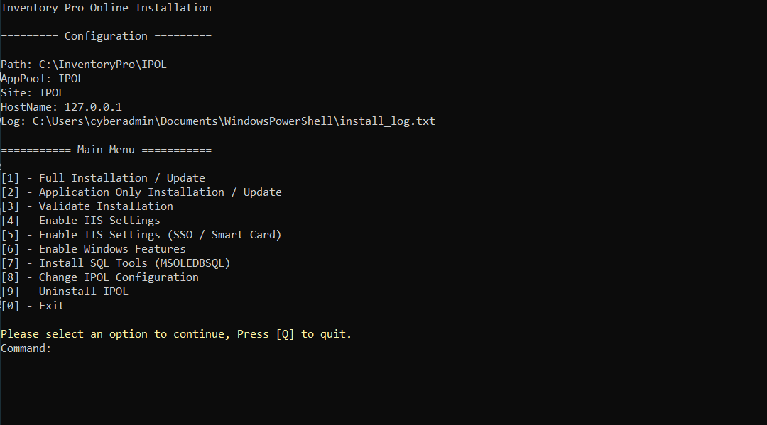 Inventory Pro installer main menu showing configuration details and numbered options for installation, update, validation, and IIS settings