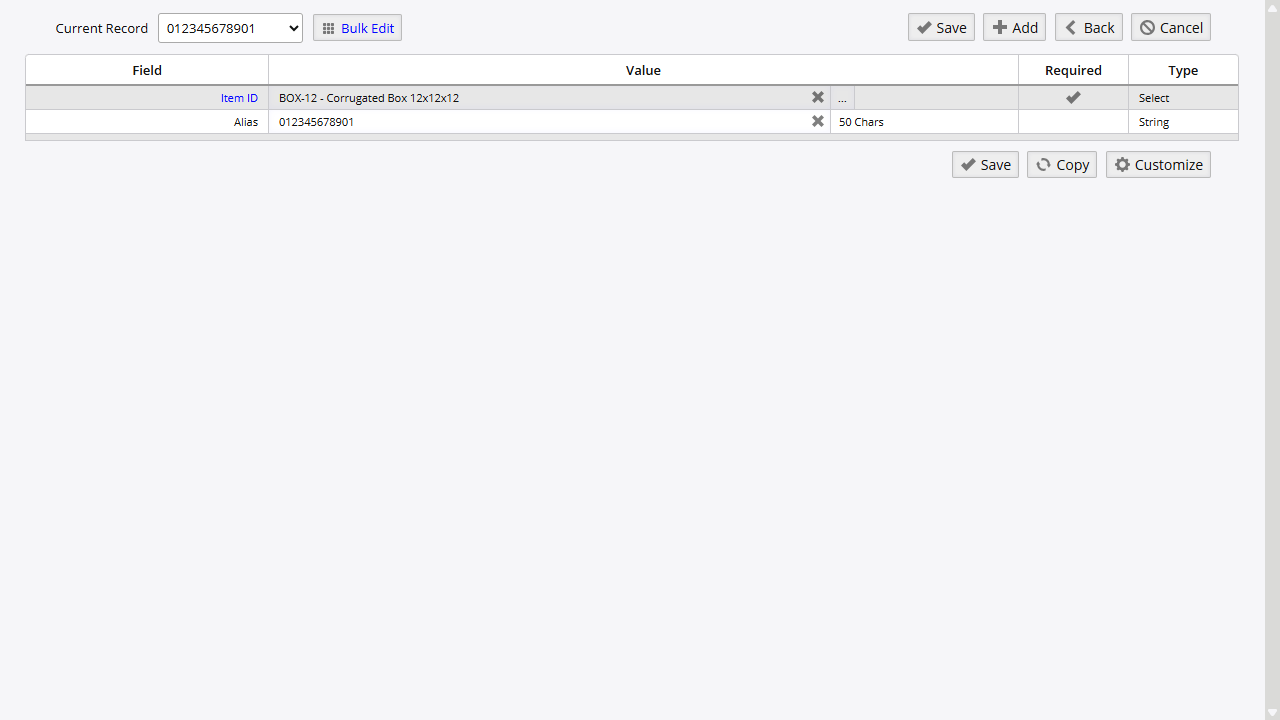 Item alias edit screen showing BOX-12 linked to barcode alias 012345678901