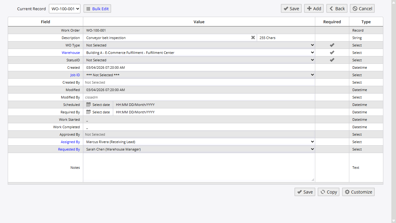 Work order list showing two orders with status, assembly, cost, and assignment columns